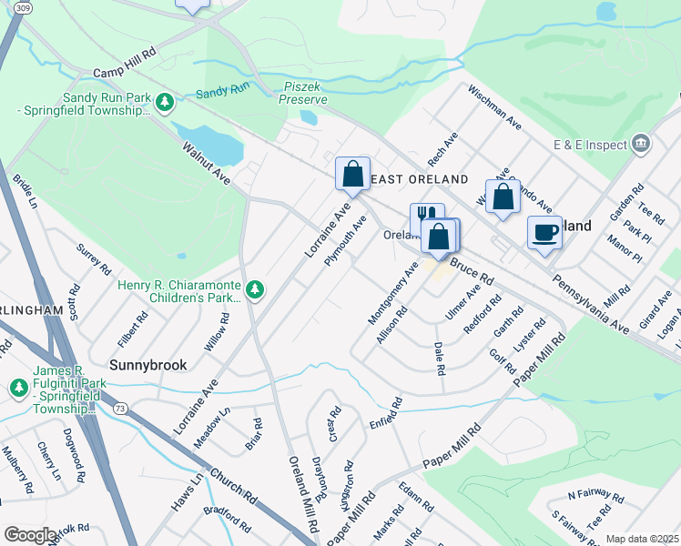 map of restaurants, bars, coffee shops, grocery stores, and more near 213 Roesch Avenue in Oreland