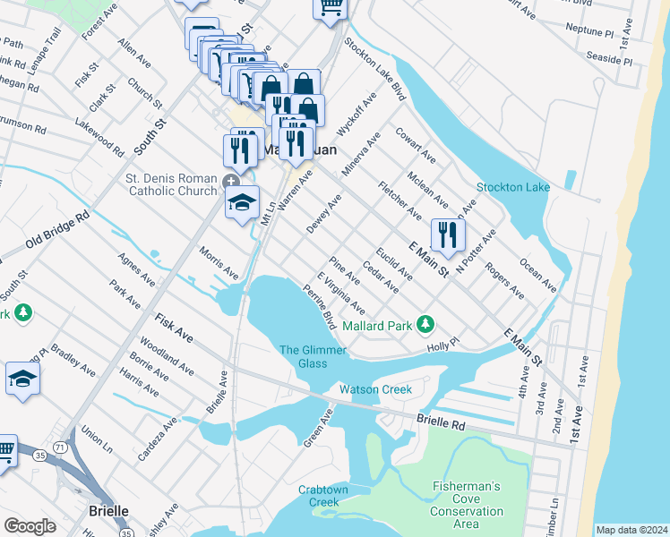 map of restaurants, bars, coffee shops, grocery stores, and more near 321 Pine Avenue in Manasquan
