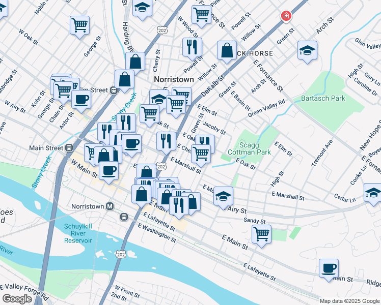 map of restaurants, bars, coffee shops, grocery stores, and more near 218 East Chestnut Street in Norristown