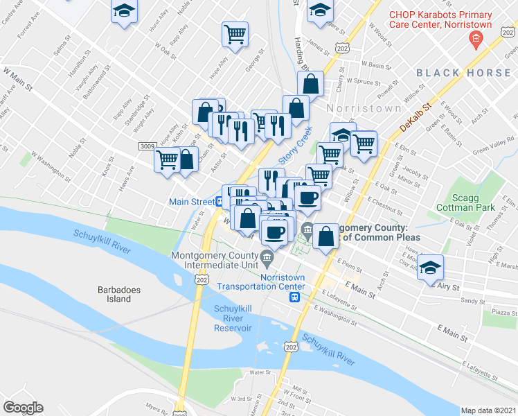 map of restaurants, bars, coffee shops, grocery stores, and more near 422 Barbadoes Street in Norristown