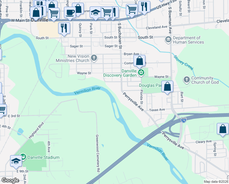 map of restaurants, bars, coffee shops, grocery stores, and more near 600-698 Douglas Avenue in Danville