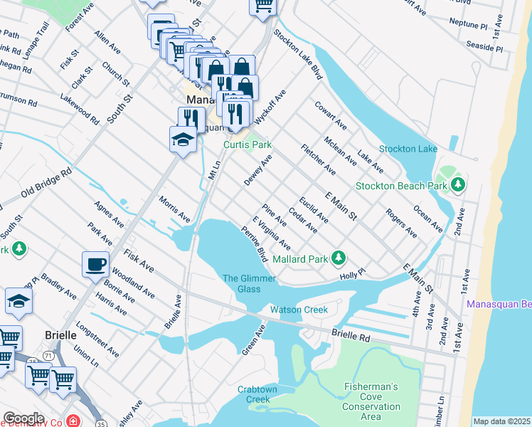 map of restaurants, bars, coffee shops, grocery stores, and more near 321 Pine Avenue in Manasquan