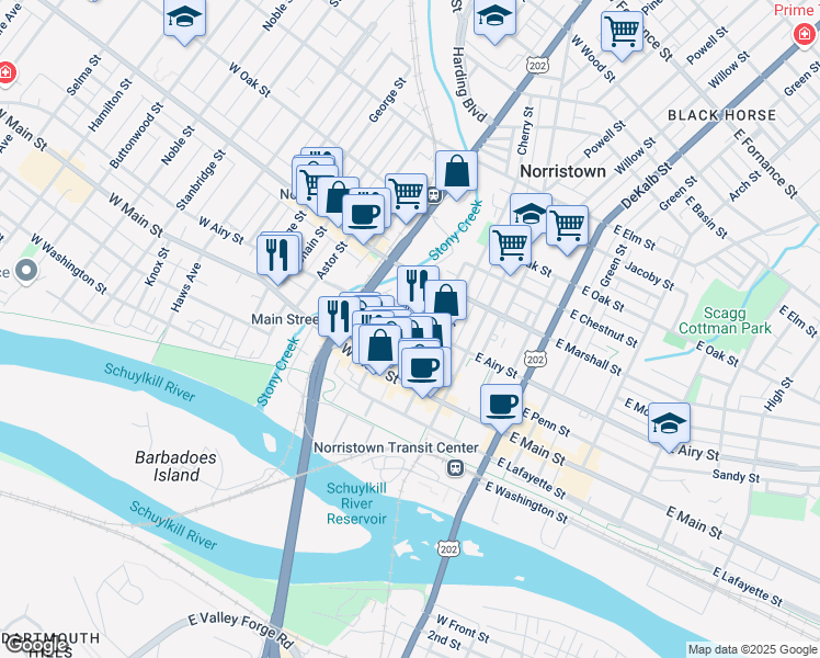 map of restaurants, bars, coffee shops, grocery stores, and more near 148 West Airy Street in Norristown