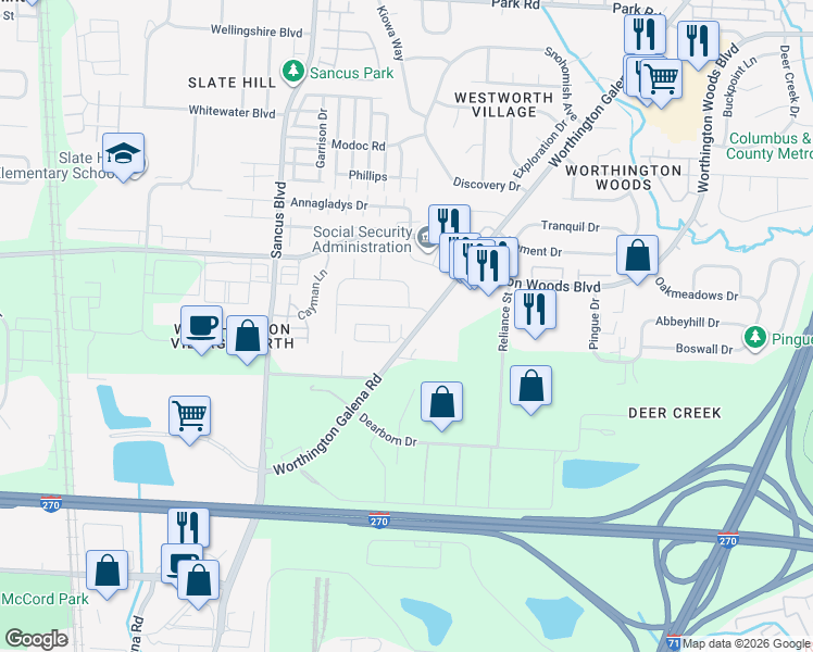 map of restaurants, bars, coffee shops, grocery stores, and more near 7505 Worthington Galena Road in Worthington