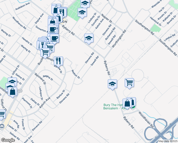 map of restaurants, bars, coffee shops, grocery stores, and more near 12017 Sewell Road in Philadelphia