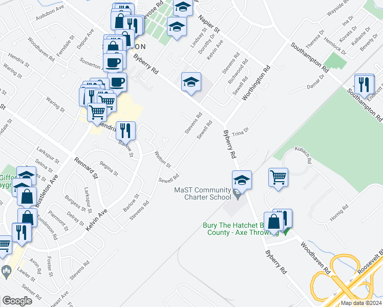 map of restaurants, bars, coffee shops, grocery stores, and more near 12017 Sewell Road in Philadelphia
