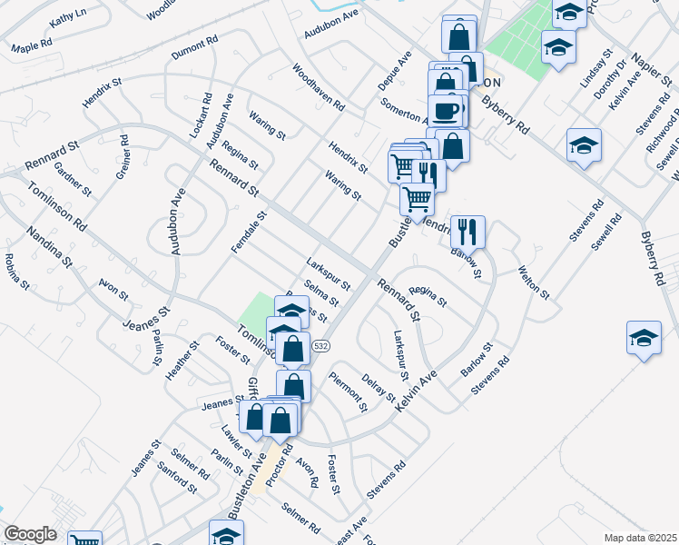 map of restaurants, bars, coffee shops, grocery stores, and more near 555 Larkspur Street in Philadelphia