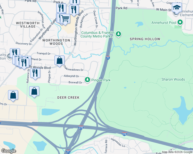 map of restaurants, bars, coffee shops, grocery stores, and more near 7366 Murrayfield Drive in Columbus