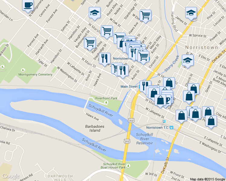 map of restaurants, bars, coffee shops, grocery stores, and more near 504 West Lafayette Street in Norristown