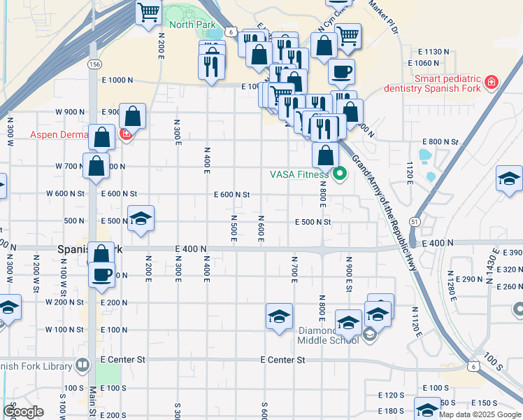 map of restaurants, bars, coffee shops, grocery stores, and more near 564 East 600 North Street in Spanish Fork
