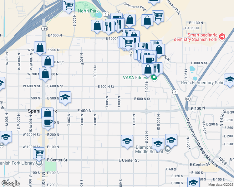 map of restaurants, bars, coffee shops, grocery stores, and more near 564 East 600 North Street in Spanish Fork