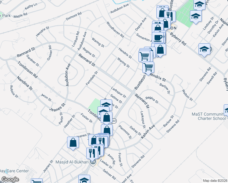 map of restaurants, bars, coffee shops, grocery stores, and more near 541 Larkspur Street in Philadelphia