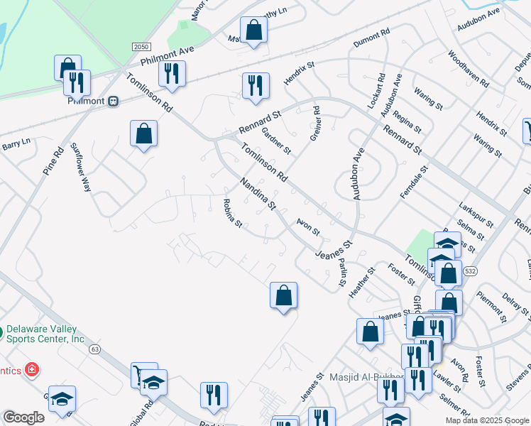 map of restaurants, bars, coffee shops, grocery stores, and more near 237 Nandina Terrace in Philadelphia