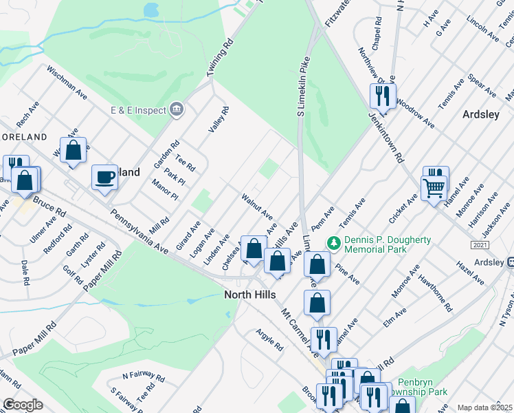 map of restaurants, bars, coffee shops, grocery stores, and more near 308 Linden Avenue in Glenside