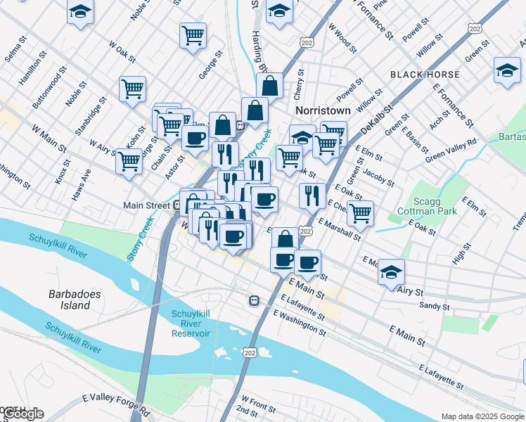 map of restaurants, bars, coffee shops, grocery stores, and more near 14W West Marshall Street in Norristown