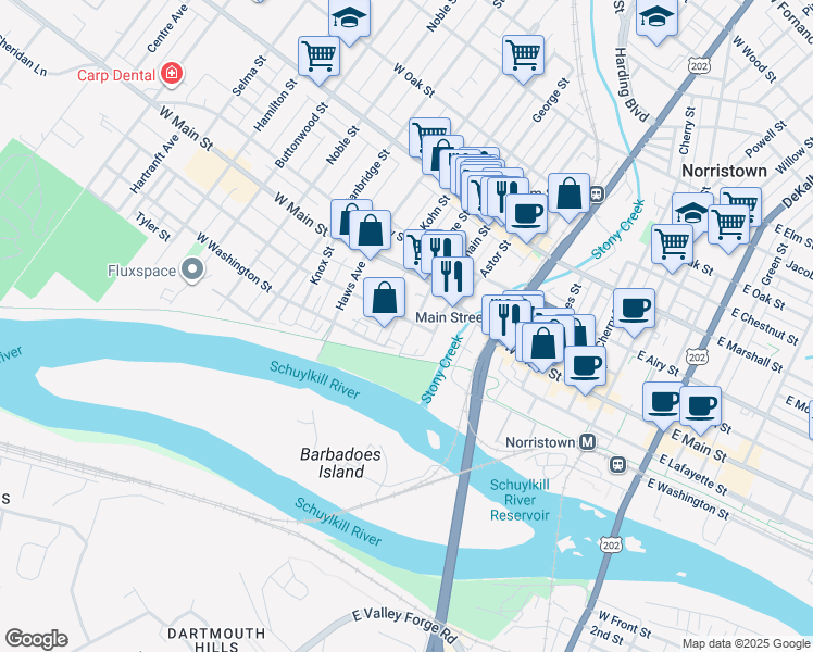 map of restaurants, bars, coffee shops, grocery stores, and more near 504 West Lafayette Street in Norristown