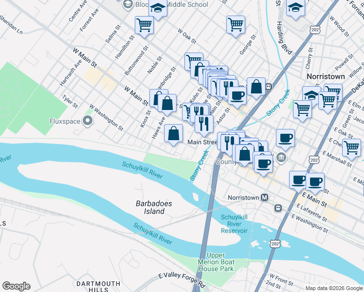 map of restaurants, bars, coffee shops, grocery stores, and more near 522 West Main Street in Norristown