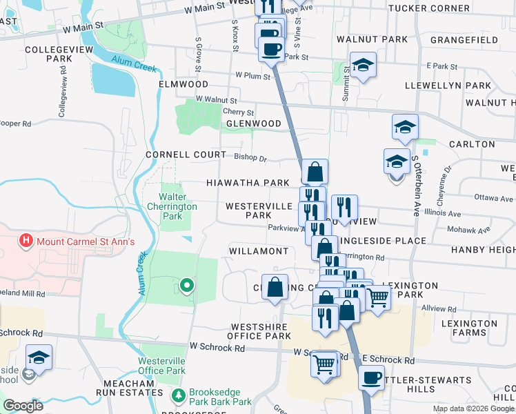 map of restaurants, bars, coffee shops, grocery stores, and more near 95 Hiawatha Avenue in Westerville