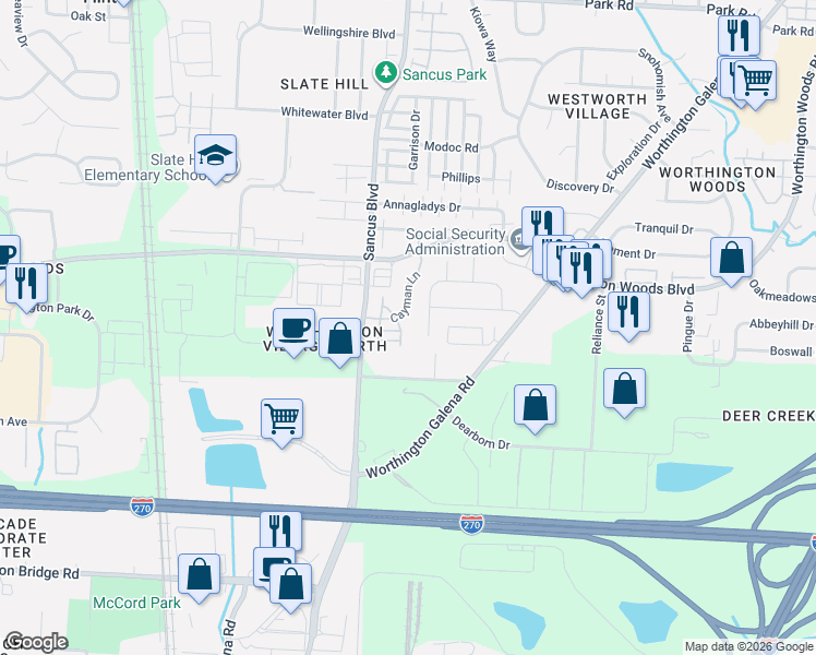 map of restaurants, bars, coffee shops, grocery stores, and more near 7505 Liberton Place in Worthington