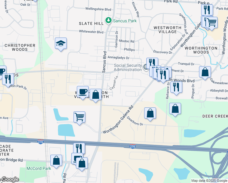 map of restaurants, bars, coffee shops, grocery stores, and more near 7505 Liberton Place in Worthington