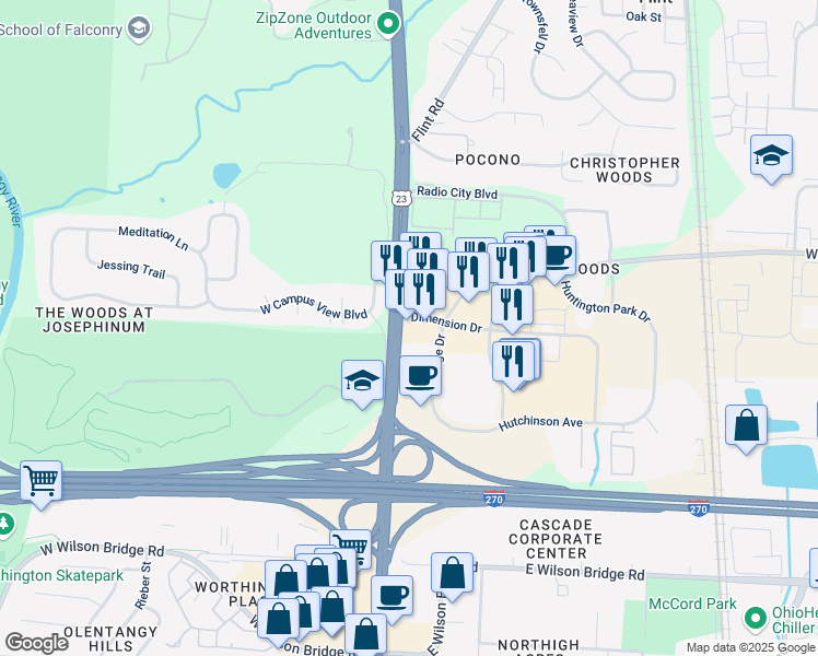 map of restaurants, bars, coffee shops, grocery stores, and more near 7514 U.S. 23 in Columbus