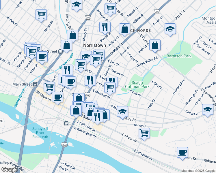 map of restaurants, bars, coffee shops, grocery stores, and more near 231 East Chestnut Street in Norristown