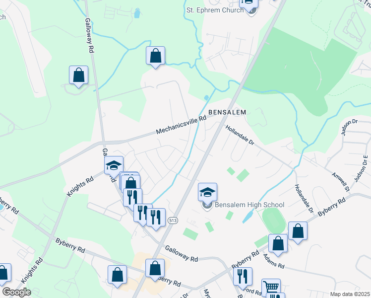map of restaurants, bars, coffee shops, grocery stores, and more near 4415 Remo Crescent Road in Bensalem