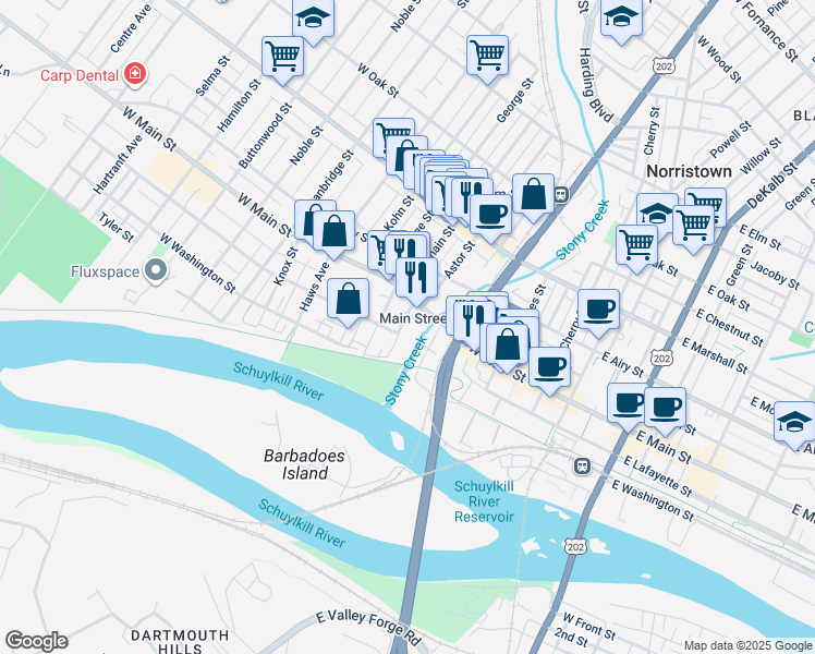 map of restaurants, bars, coffee shops, grocery stores, and more near 210 Pearl Street in Norristown