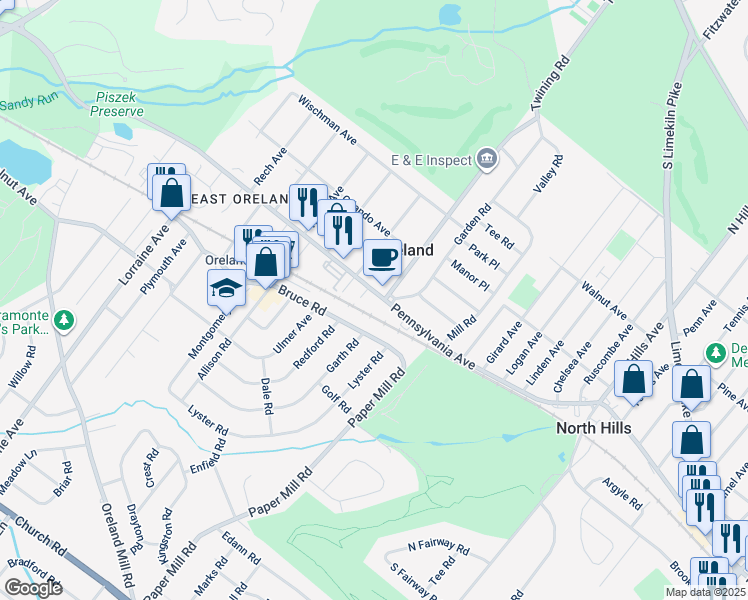 map of restaurants, bars, coffee shops, grocery stores, and more near 1256 Pennsylvania Avenue in Oreland