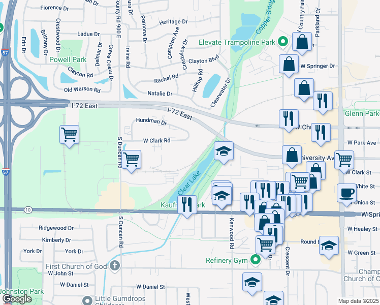 map of restaurants, bars, coffee shops, grocery stores, and more near 2705 Clark Road in Champaign