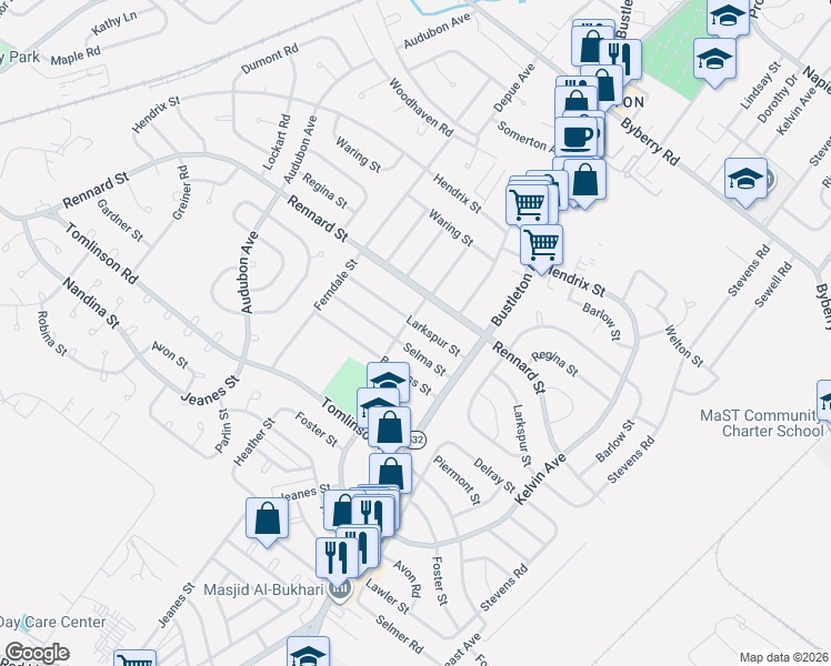 map of restaurants, bars, coffee shops, grocery stores, and more near 541 Larkspur Street in Philadelphia
