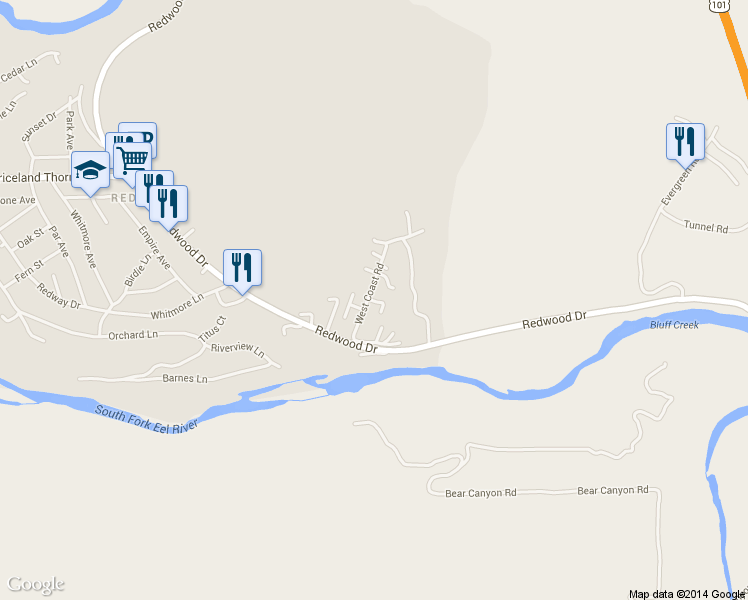 map of restaurants, bars, coffee shops, grocery stores, and more near 101 West Coast Road in Redway