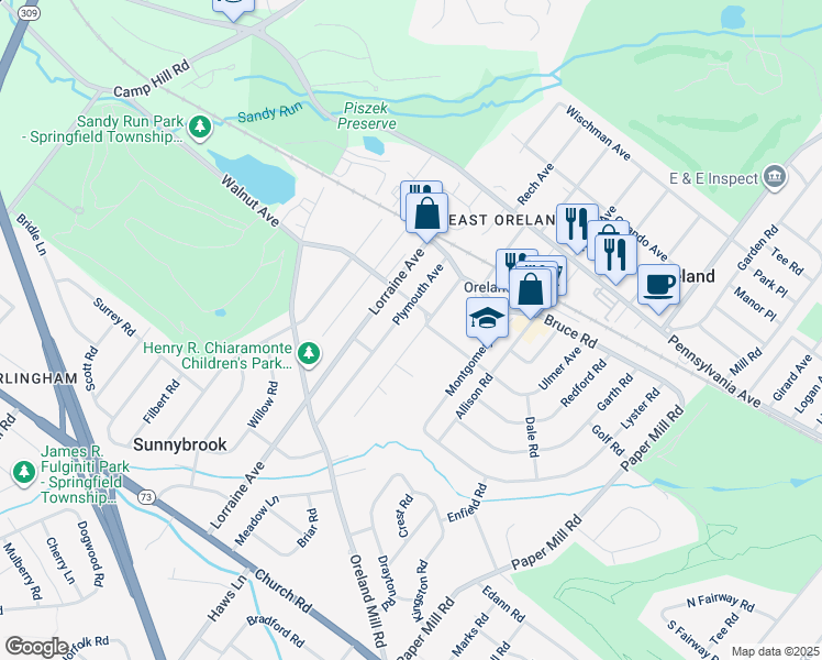 map of restaurants, bars, coffee shops, grocery stores, and more near 213 Roesch Avenue in Oreland