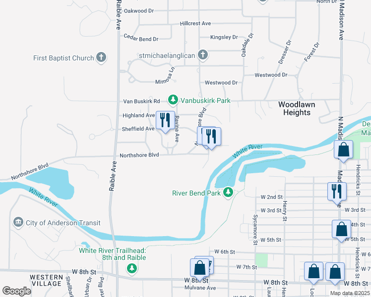map of restaurants, bars, coffee shops, grocery stores, and more near 2014 North Shore Boulevard in Anderson