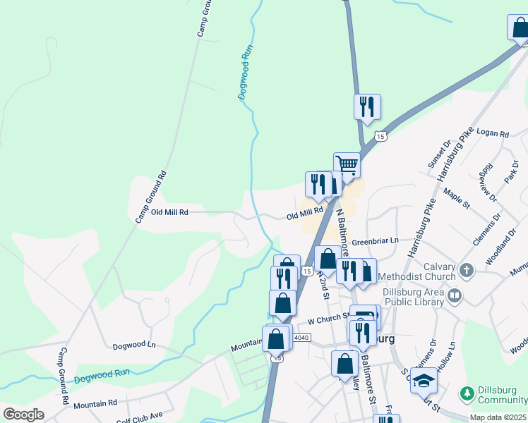 map of restaurants, bars, coffee shops, grocery stores, and more near 26 Old Mill Road in Dillsburg