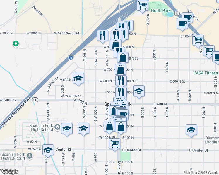 map of restaurants, bars, coffee shops, grocery stores, and more near 625 North Main Street in Spanish Fork