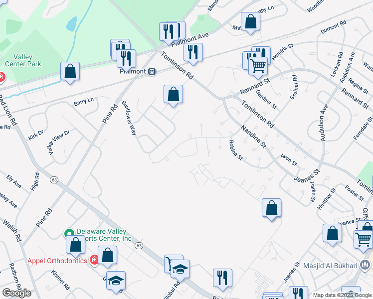map of restaurants, bars, coffee shops, grocery stores, and more near 210 Erica Terrace in Philadelphia