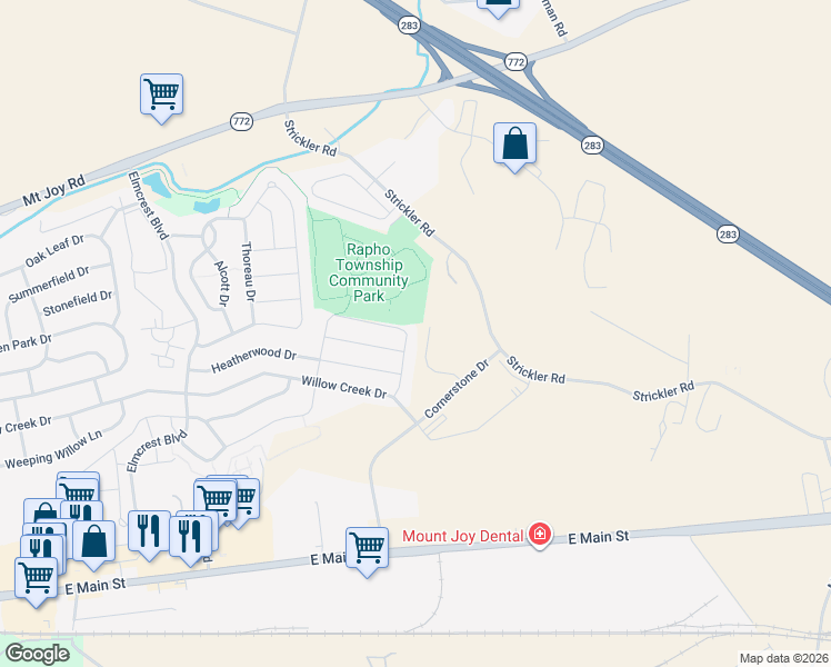 map of restaurants, bars, coffee shops, grocery stores, and more near 1055 North Strickler Road in Mount Joy