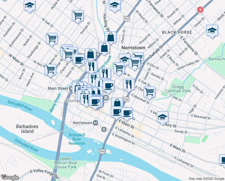 map of restaurants, bars, coffee shops, grocery stores, and more near 14W West Marshall Street in Norristown
