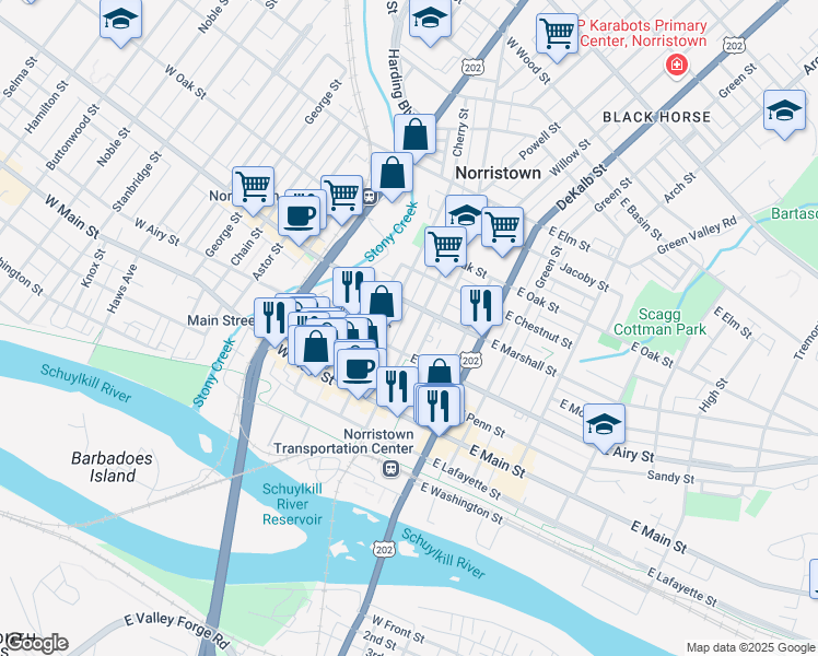 map of restaurants, bars, coffee shops, grocery stores, and more near 14W West Marshall Street in Norristown