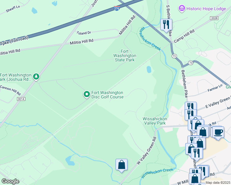 map of restaurants, bars, coffee shops, grocery stores, and more near 605 Creek Lane in Flourtown