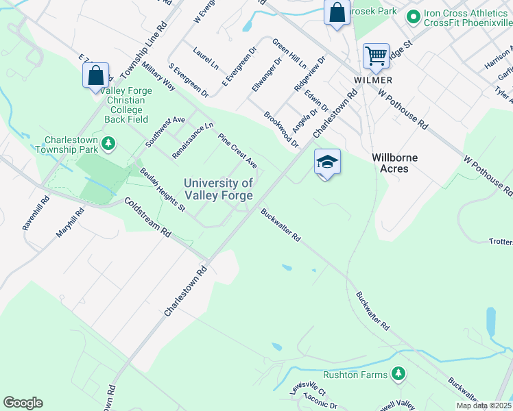 map of restaurants, bars, coffee shops, grocery stores, and more near 346 Buckwalter Road in Phoenixville
