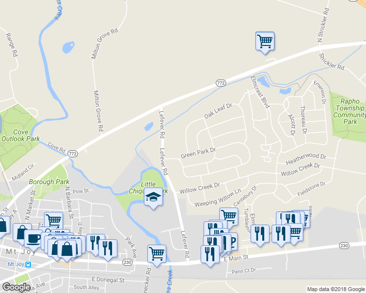 map of restaurants, bars, coffee shops, grocery stores, and more near 5115 Oak Leaf Drive in Mount Joy