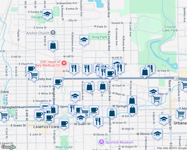 map of restaurants, bars, coffee shops, grocery stores, and more near 508 North Goodwin Avenue in Urbana