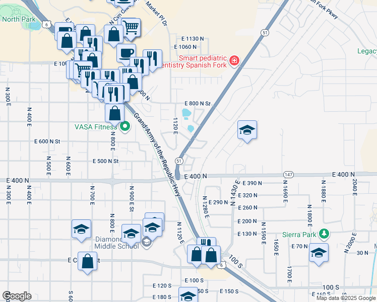 map of restaurants, bars, coffee shops, grocery stores, and more near 1178 East 660 North in Spanish Fork