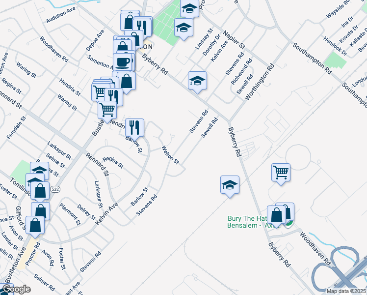 map of restaurants, bars, coffee shops, grocery stores, and more near 11919 Stevens Road in Philadelphia