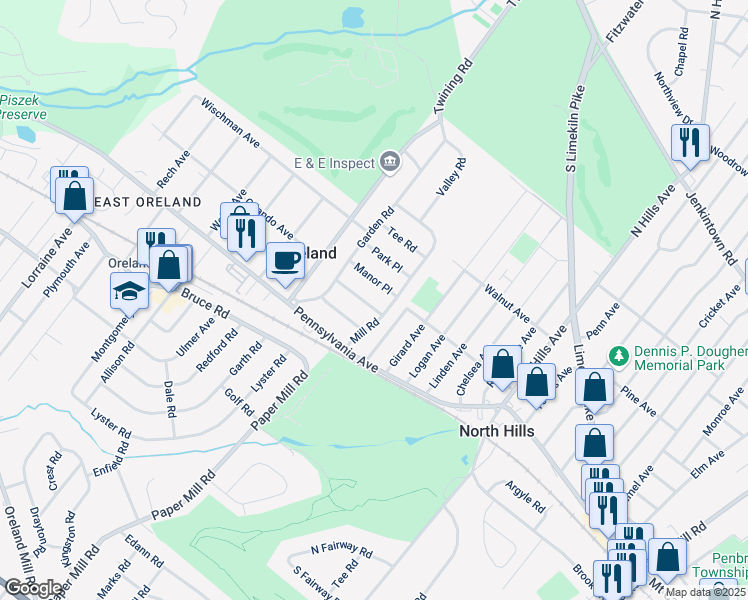 map of restaurants, bars, coffee shops, grocery stores, and more near 82 Oreland Place in Oreland