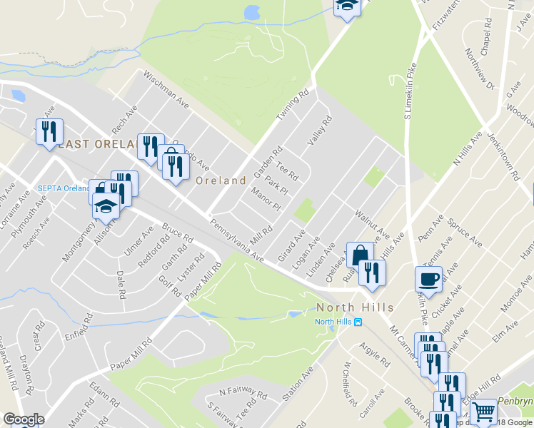 map of restaurants, bars, coffee shops, grocery stores, and more near 82 Oreland Place in Oreland