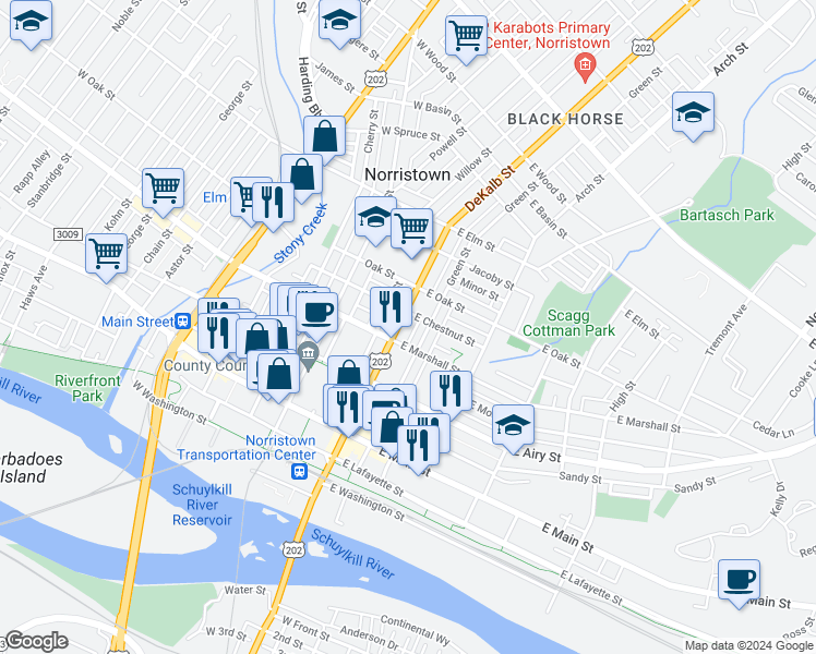 map of restaurants, bars, coffee shops, grocery stores, and more near 60 East Chestnut Street in Norristown