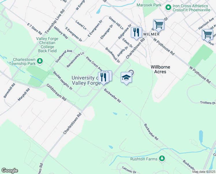 map of restaurants, bars, coffee shops, grocery stores, and more near 1442 Charlestown Road in Phoenixville